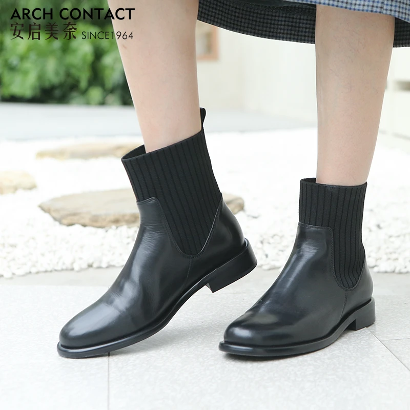 ARCHCONTACT切尔西靴女中筒弹力低跟真皮英伦风秋季新款靴子52174