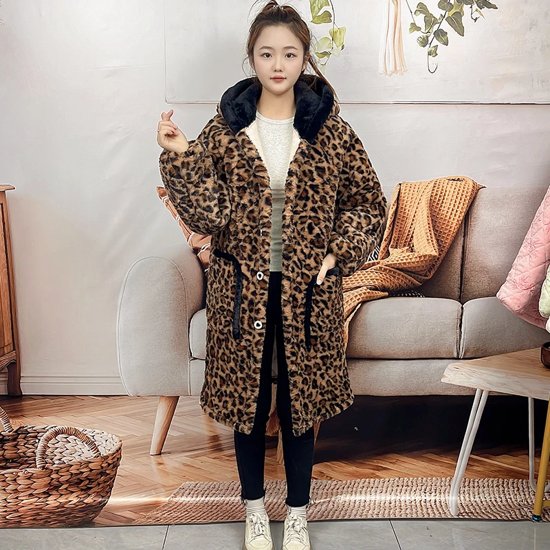 冬季加绒加厚保暖罩衣家居服睡衣外穿连帽外套女三层工作服中长款