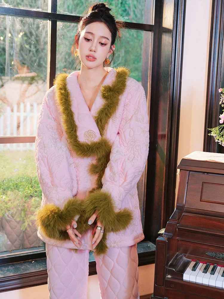 原创金线满绣撞色三层加厚夹棉睡衣两件套宽松加绒家居服套装冬新