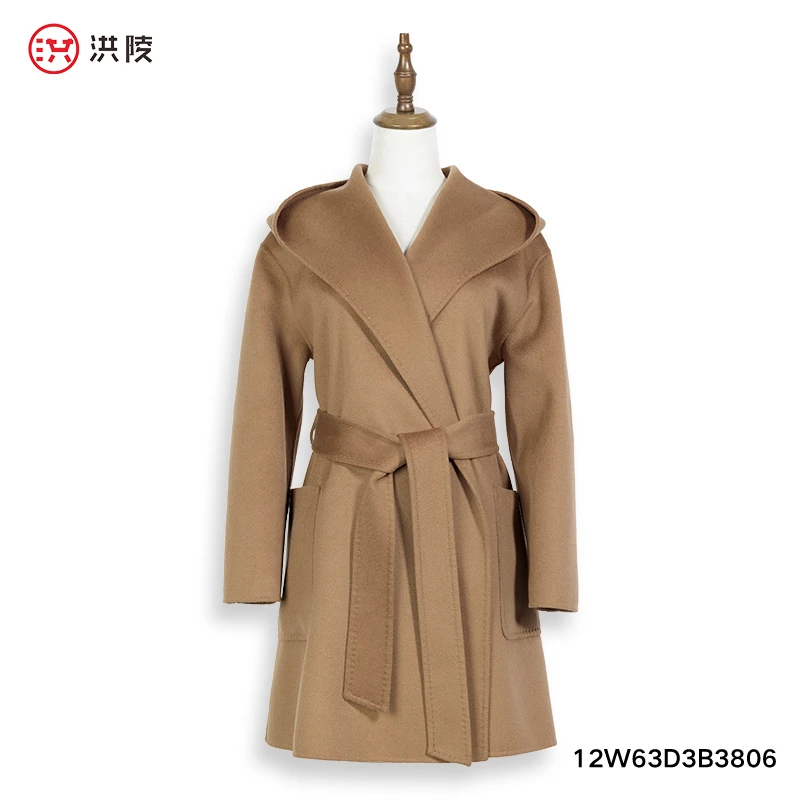 洪陵【巫师帽】女士连帽中长款大衣双面山羊绒大衣毛呢大衣3806