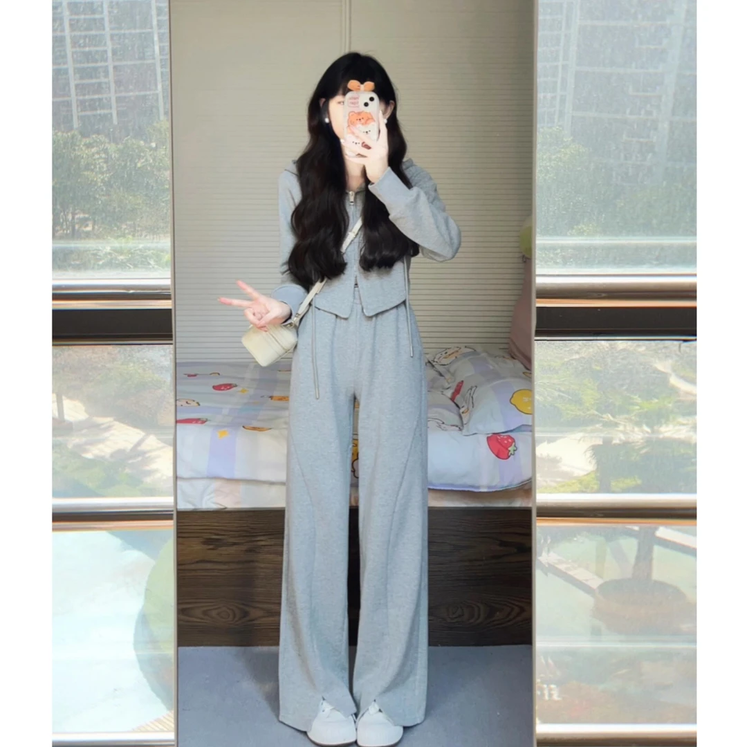 高级感灰色卫衣时尚套装网红休闲运动长裤直筒上衣高腰炸街春秋