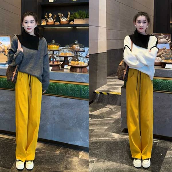 减龄不规则拉链设计撞色大翻领露肩针织上衣+加绒休闲裤时尚套装