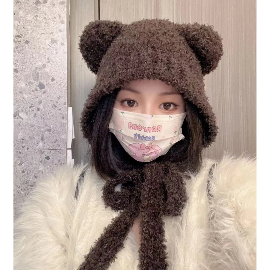 【软糯糯】可爱小熊毛线帽子女秋冬保暖护耳帽时尚百搭包头针织帽