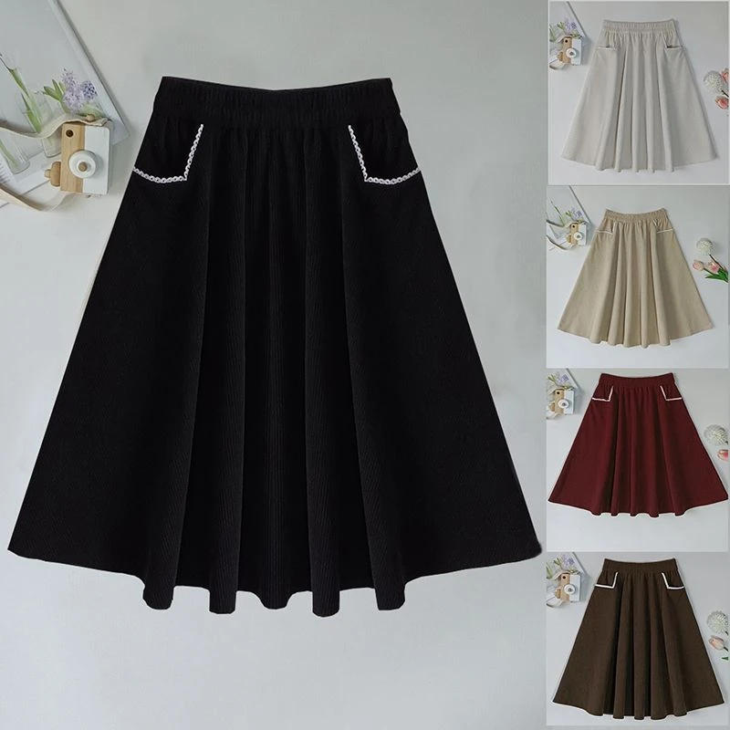 巴拉女童半身裙秋冬儿童灯芯绒中长款黑色长裙女大童口袋裙子秋季