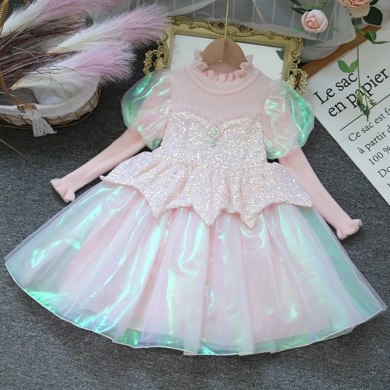 巴拉女童连衣裙秋冬时尚亮片公主裙泡泡袖彩虹网纱毛衣裙小公主礼