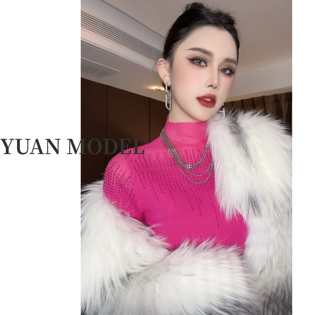 【YUAN MODEL】媛老板-时尚网纱烫钻气质套头针织衫女装上衣B102083