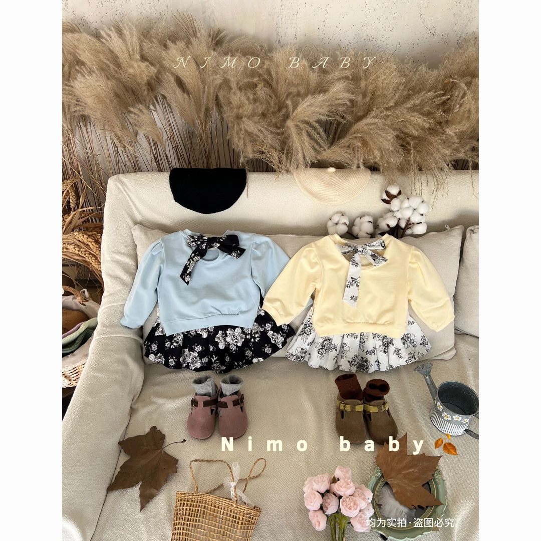 NIMO【柠檬奶贝】韩版女宝宝秋款蝴蝶结百搭时尚洋气清新卫衣套装