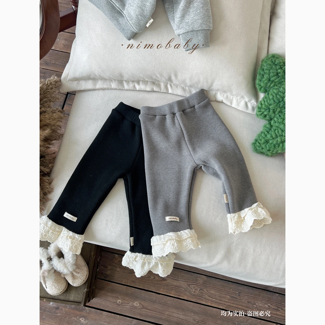 NIMO【灰栗小卷】韩版秋季新款纯色复古时尚花边加绒裤子
