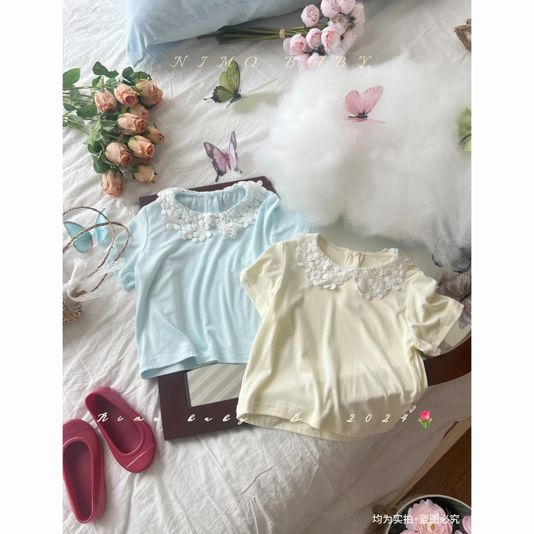 NIMO【海盐芝士】韩版宝宝清新纯色娃娃领钩花透气夏款上衣打底