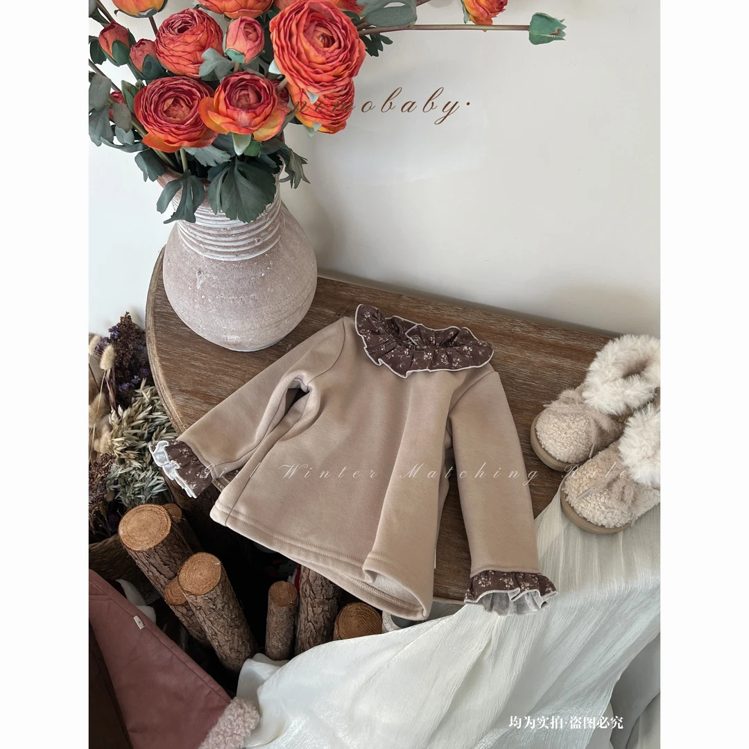 NIMO【软卷】韩版冬款时尚复古纯色洋气时尚打底碎花领长袖上衣