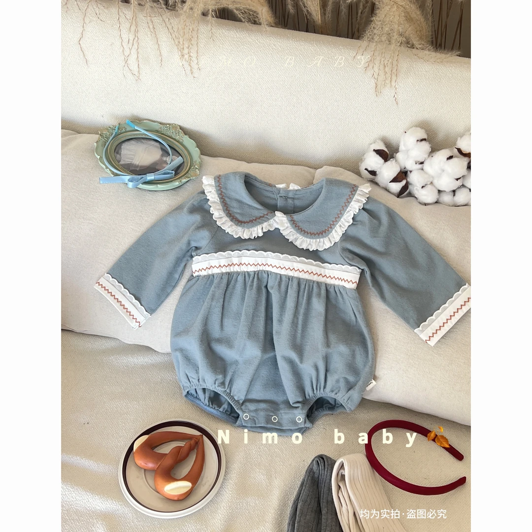 NIMO【海岛小调】韩版春秋款女宝宝钩花领时尚纯色百搭磨毛哈衣