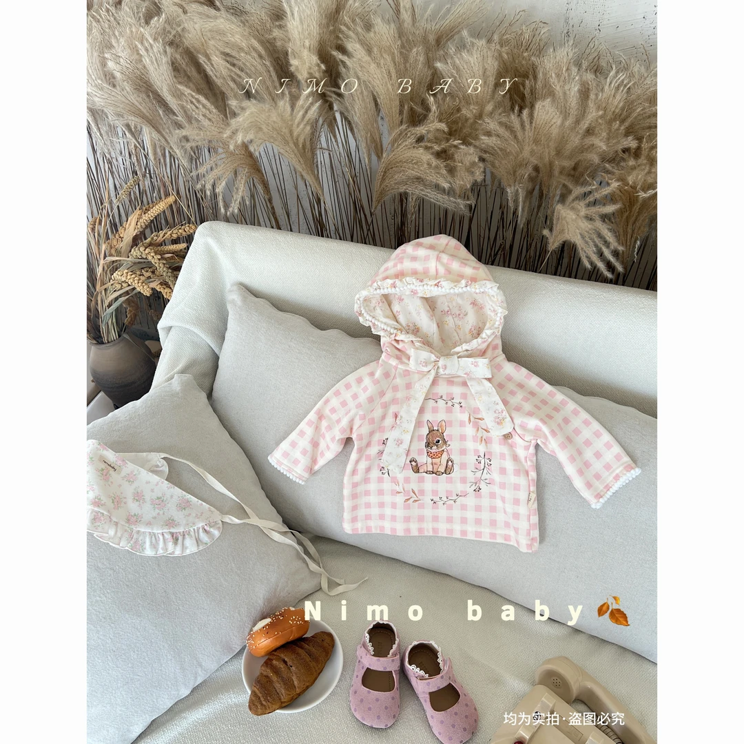 NIMO【花园小兔】韩版秋款宝宝粉白格子棉布帽子洋气清新套头外套