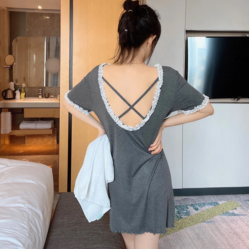 夏季新款莫代尔性感露背花边中长款睡裙女夏天短袖薄款睡衣家居服