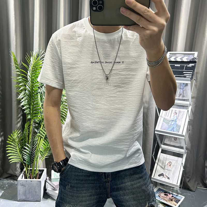 DIANRUO/殿若短袖T恤男天丝棉麻新款青年修身半袖衫高端透气体恤