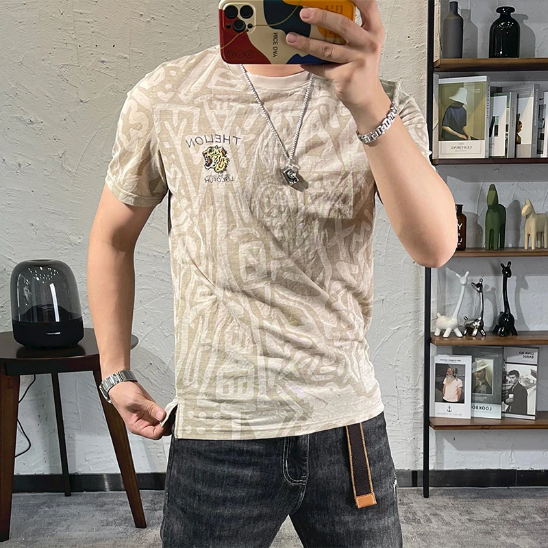 DIANRUO/殿若冰丝亚麻圆领短袖男t恤老虎刺绣满身图案青年半袖衫T