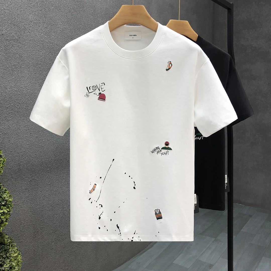 DIANRUO/殿若刺绣短袖t恤男潮牌潮流上衣t夏季新款男士圆领半截袖