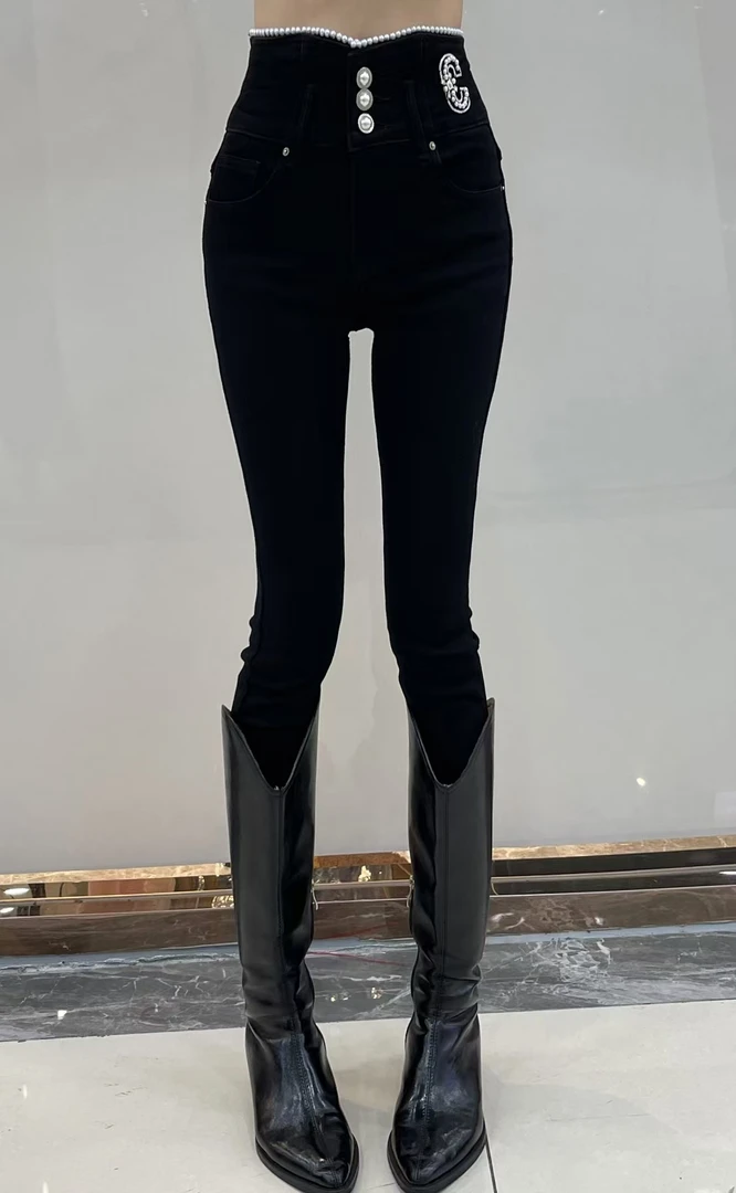 淑雅阁服饰  秋款上新 高腰三粒扣字母钉珠百搭小脚裤99039