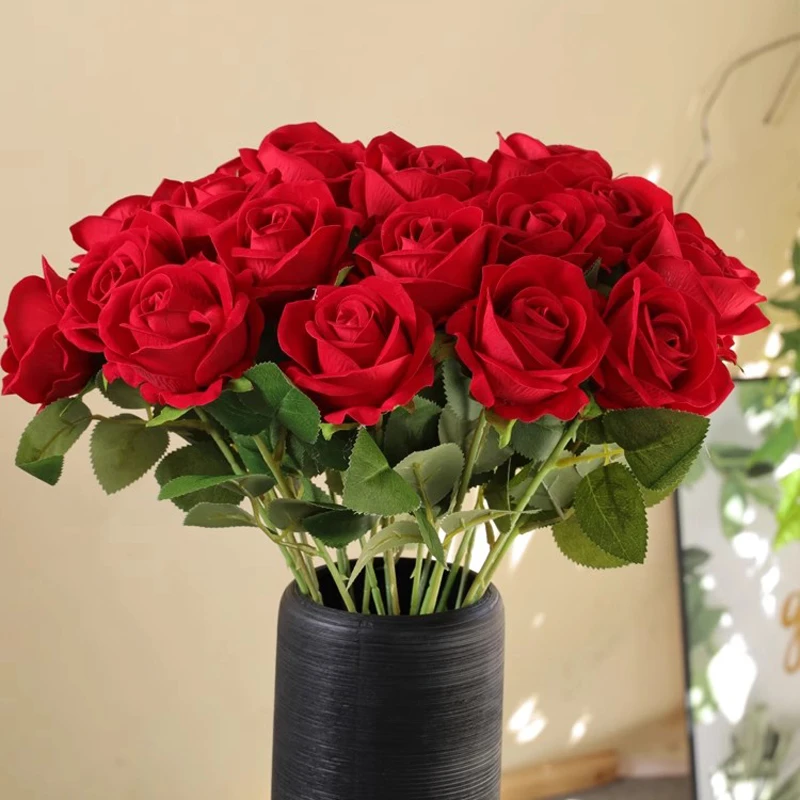 仿真玫瑰花单支家居装饰情人节礼物绒布人造花假花束客厅餐桌摆件