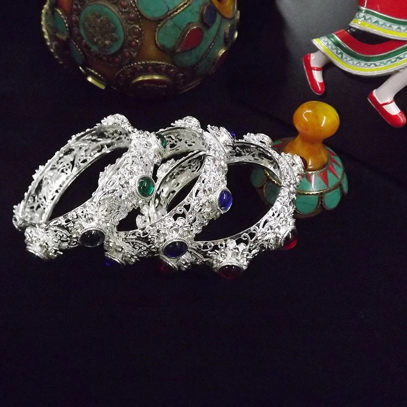 合金手镯 欧美时尚泰银镂空宝石手镯 古法纯银手镯子可调节手饰品