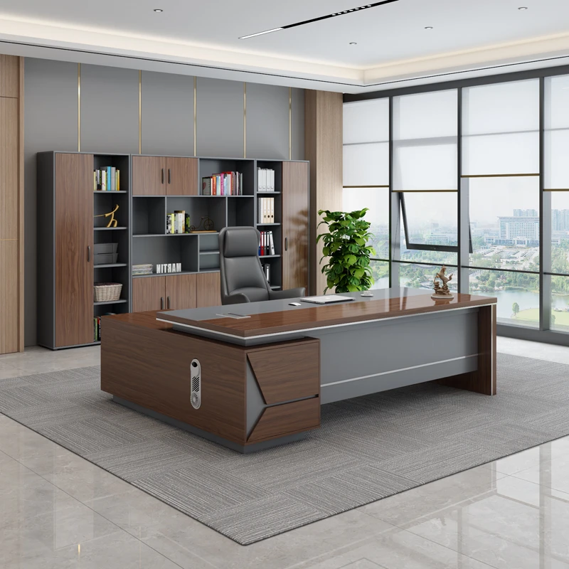 J6018#大叶胡桃色老板办公桌椅组合经理总裁主管桌简约现代大班台