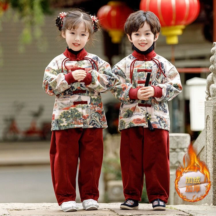 儿童拜年服2023新款男女童汉服套装中式唐装元旦喜庆红色新年服装