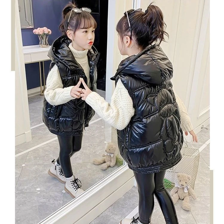 女童冬季马甲2023洋气高档加厚外穿中大童马夹连帽女孩坎肩