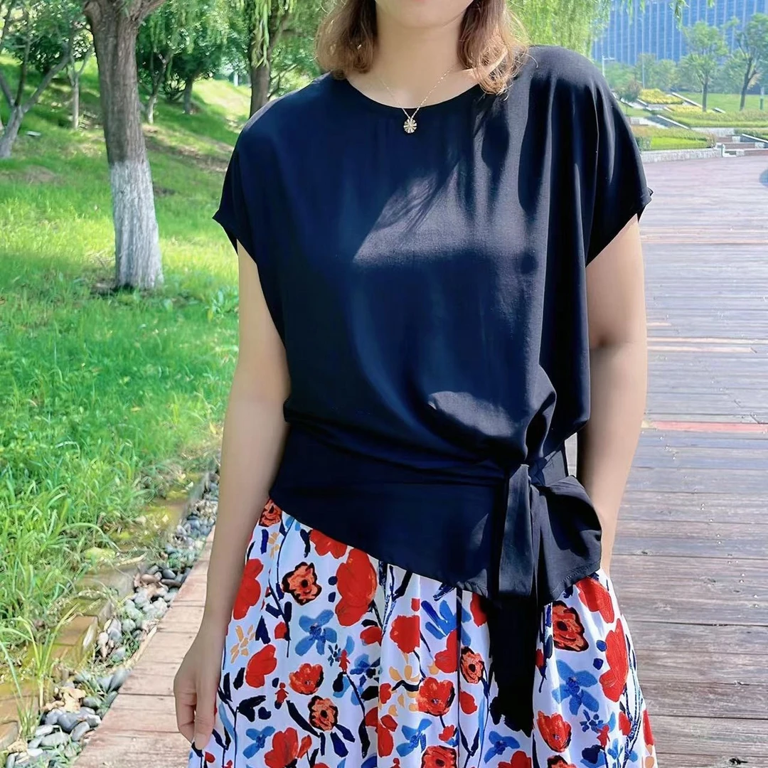 夏季纯色棉绸短袖衬衫女大码圆领宽松上衣百搭系带显瘦