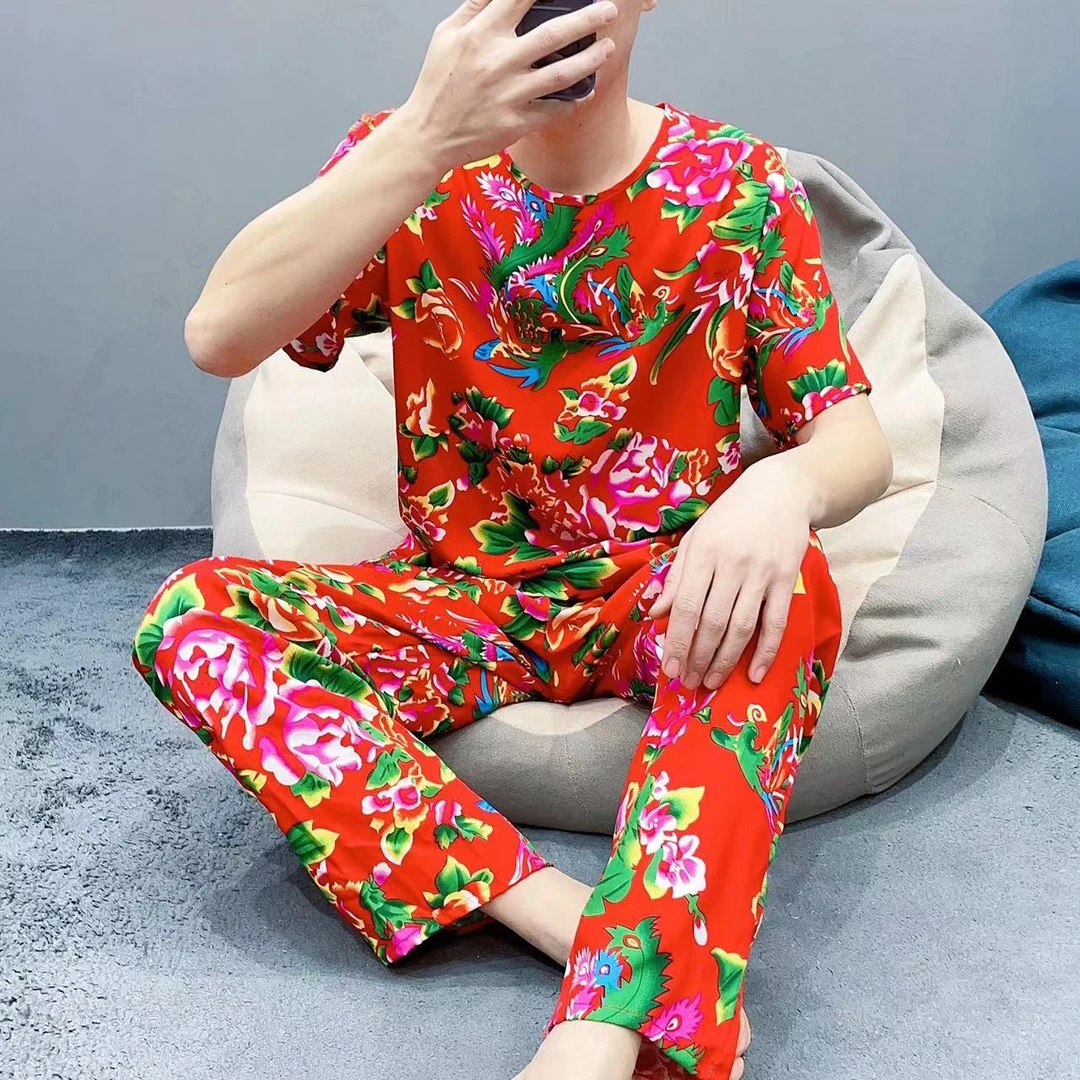 男款大花棉绸长裤短袖两件套