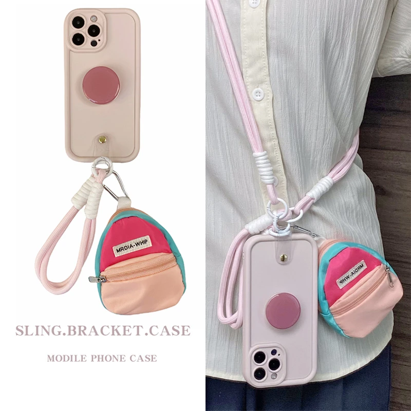 适用【苹果/华为/vivo/oppo/小米】侏儒红波点支架手拎斜挎绳手机壳