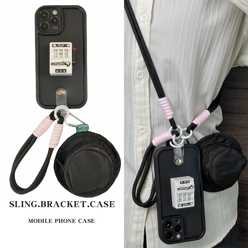 适用【苹果/华为/vivo/oppo/小米】黑白熊猫摇摇书包手斜挎绳手机壳