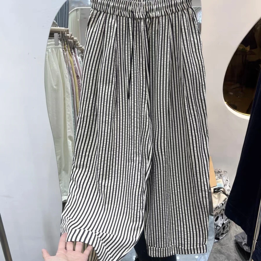 欧货条纹卷边松紧腰系带休闲裤女2024夏新款萝卜裤哈伦直筒九分裤