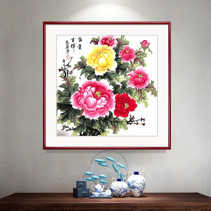 纯手绘牡丹国画斗方画客厅挂画水墨画书房新中式办公室装饰画