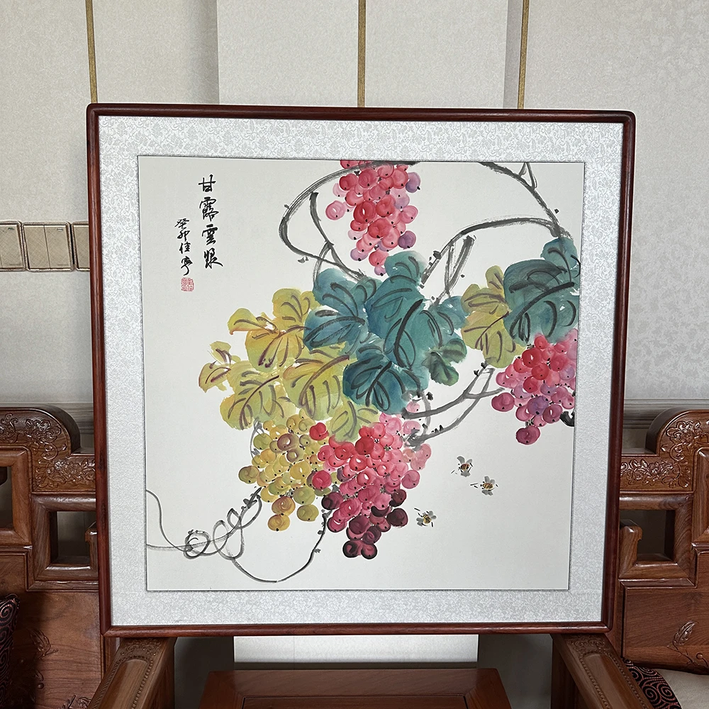 纯手绘水墨花鸟画83x83厘米红花梨圆角框宣纸画心国画葡萄图