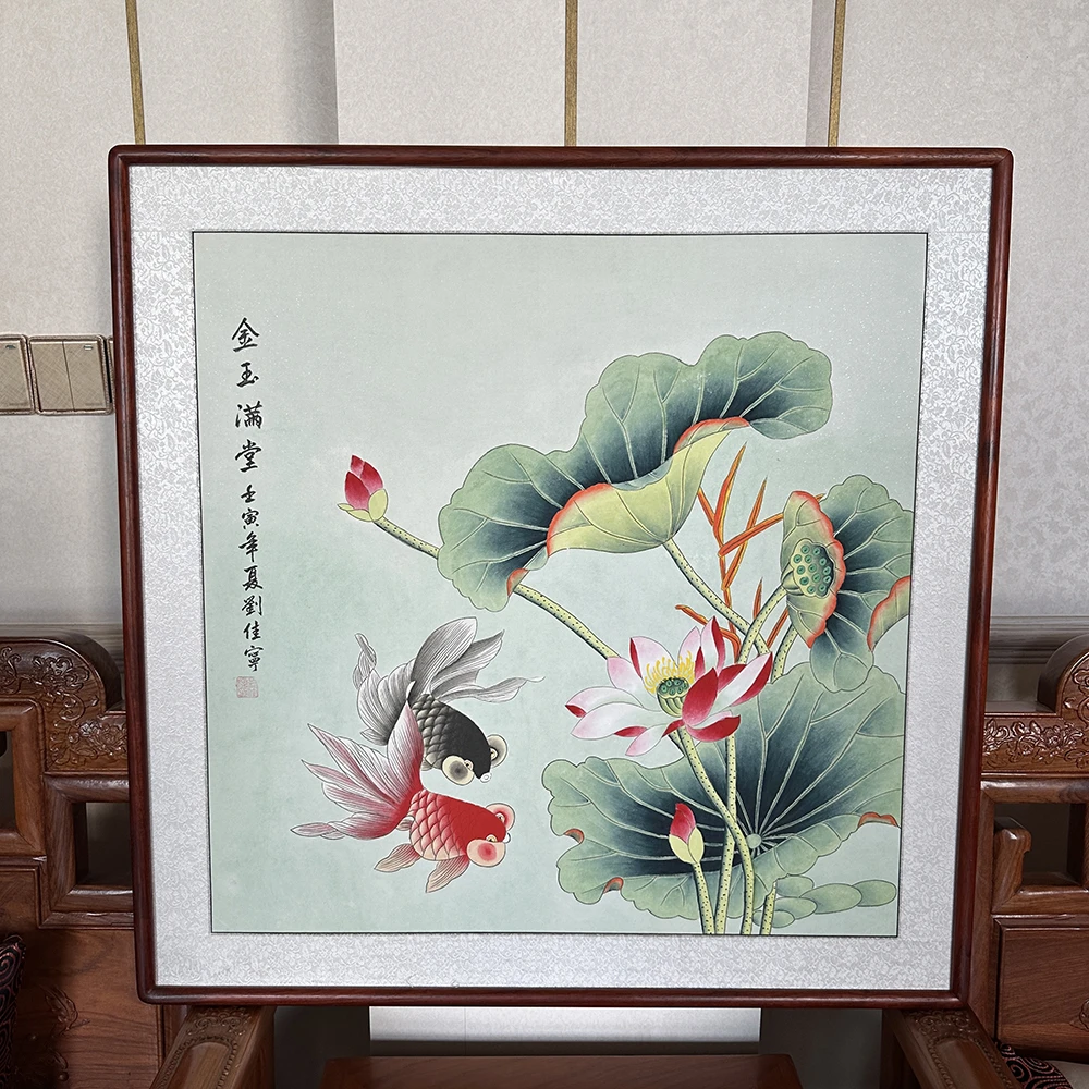 纯手绘水墨花鸟画工笔画83x83厘米红花梨圆角框荷花鸳鸯图