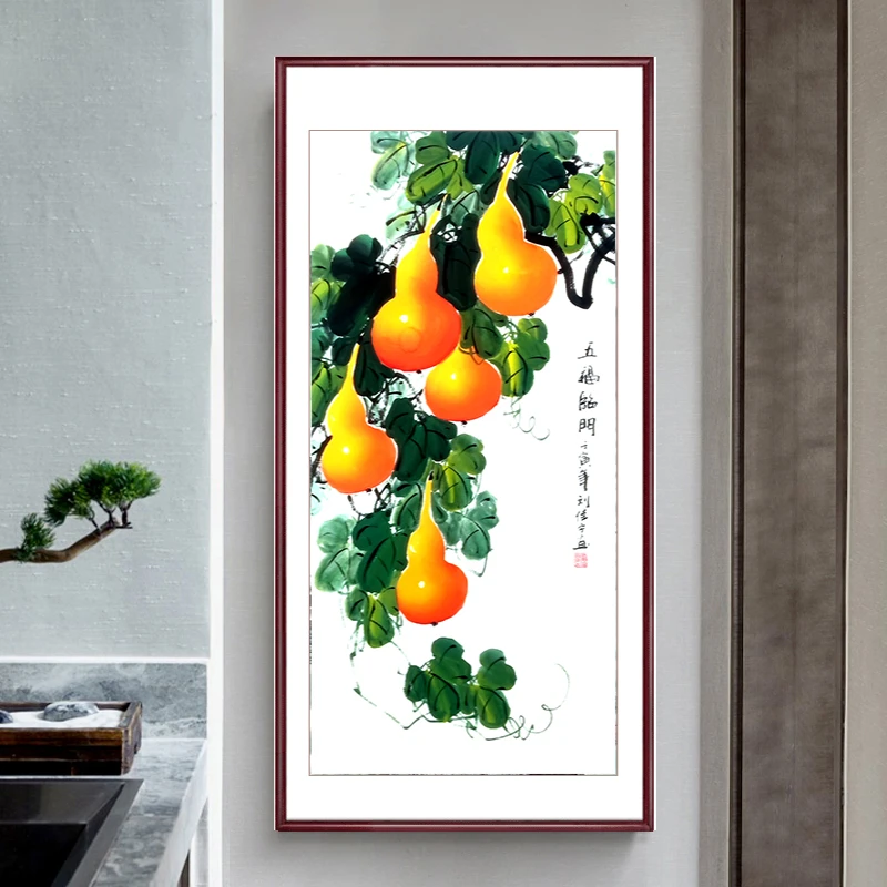 纯手绘葫芦图福禄图五福临门玄关走廊挂画中式字画装饰画带框