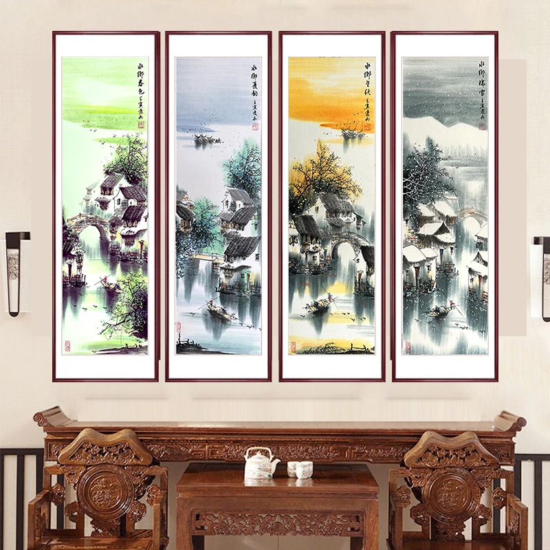 纯手绘国画山水画江南水乡四条屏中式禅意实木框客厅餐厅挂画