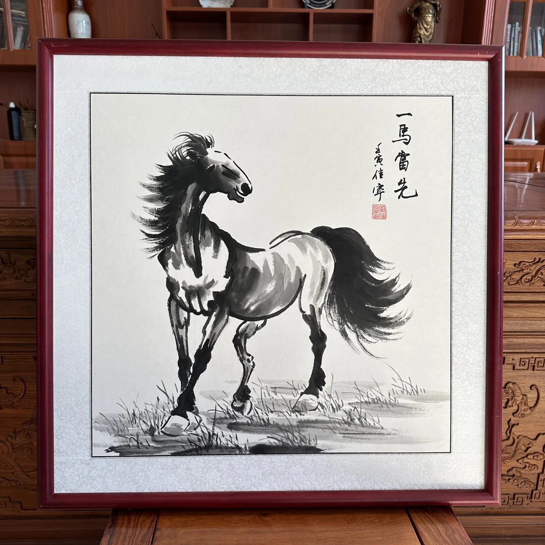 国画花鸟画水墨马纯手绘实木框65x65厘米马到成功正方形