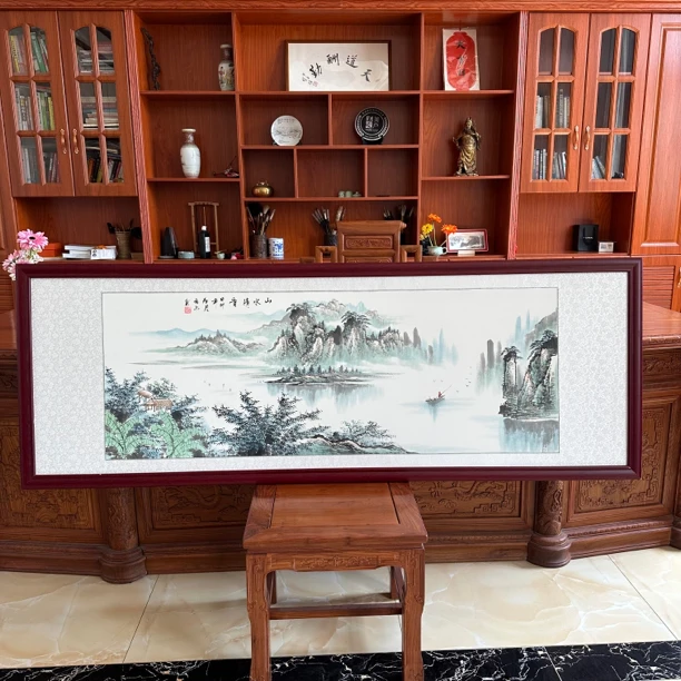 国画山水画纯手绘水墨画实木框65x185厘米客厅办公室挂画