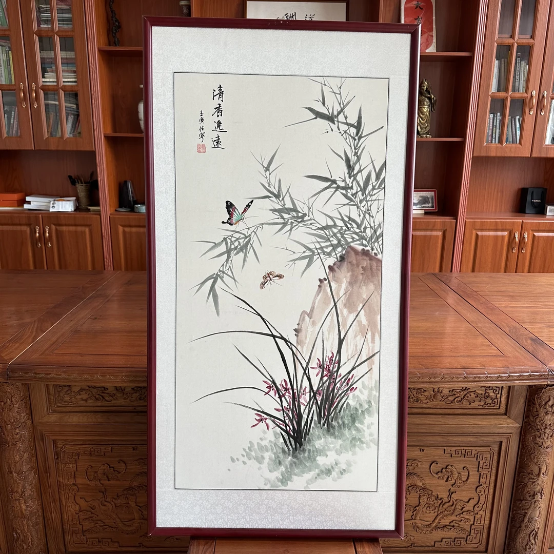 国画花鸟画玄关画水墨画实木框65x125厘米兰竹图纯手绘宣纸画心