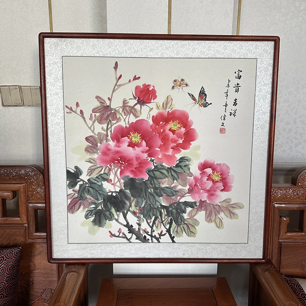 纯手绘水墨花鸟画牡丹画83x83厘米红花梨圆角框宣纸画心国画