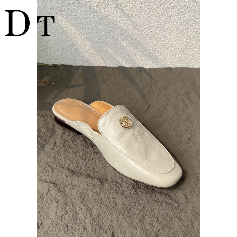 【DOKE TOP】/2cm/平底山茶花外穿穆勒拖鞋女夏季包头真皮百搭半拖