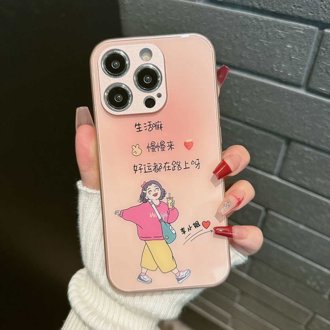 多巴胺女孩百家姓定制玻璃壳苹果15华为vivo女oppo小米全包手机壳