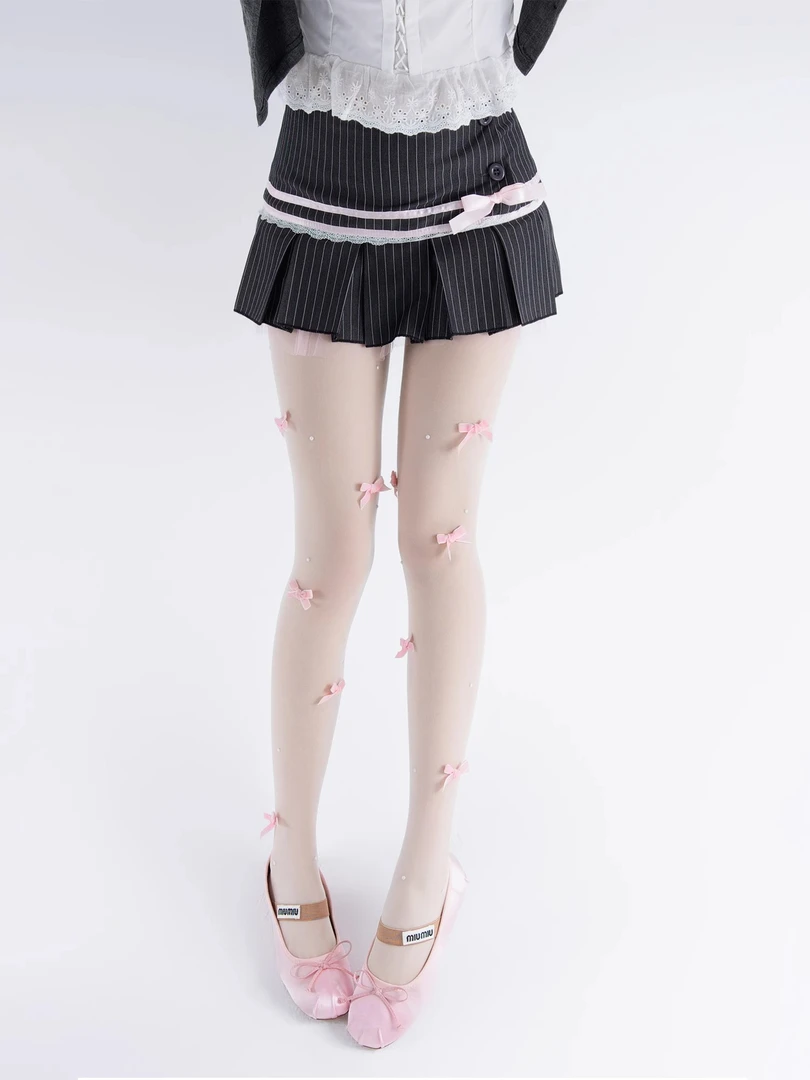 洛丽塔白色网红珍珠甜美长筒蝴蝶结打底袜时尚少女袜子女春夏薄款