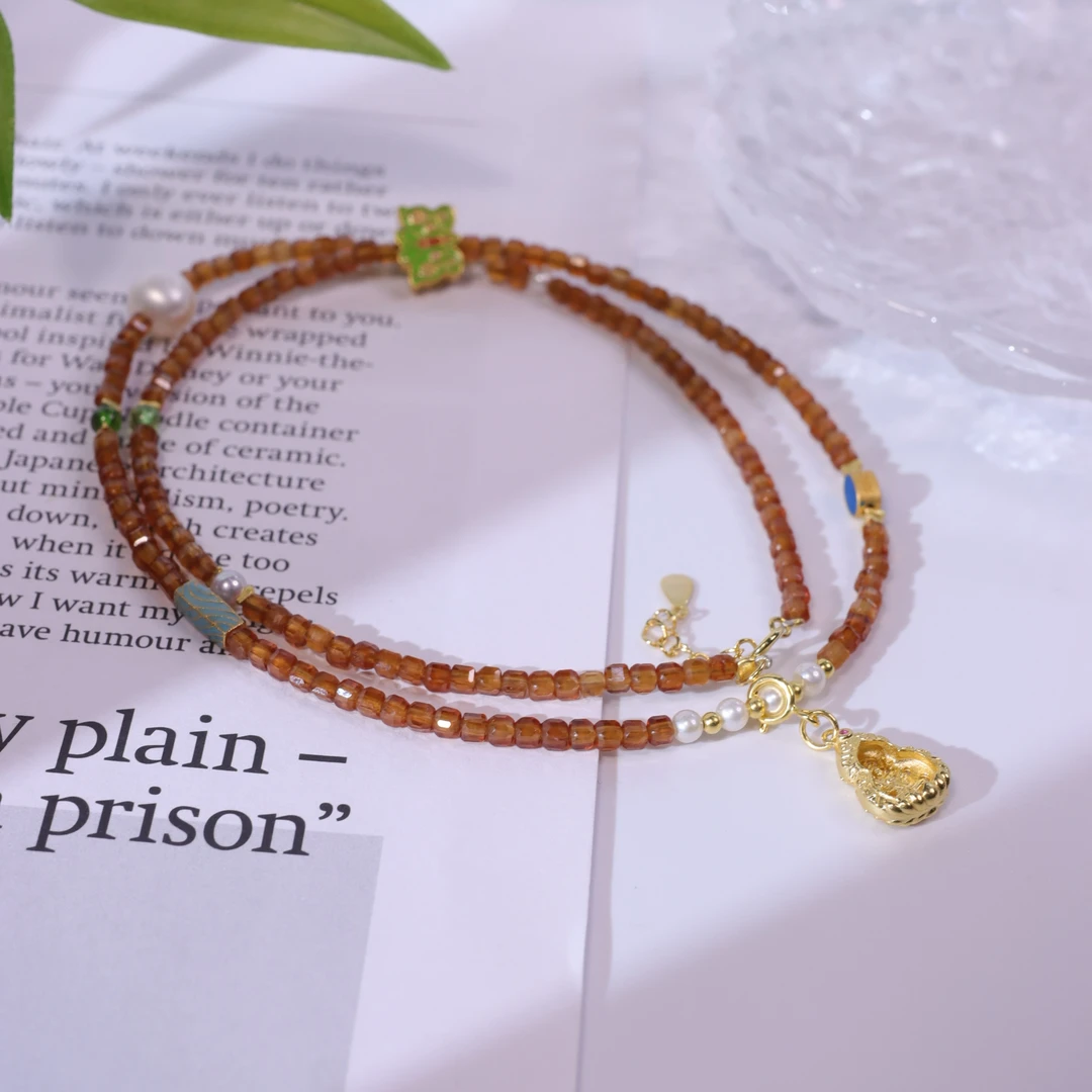 石榴石橙石榴S925银项链锁骨链【洛明溪】