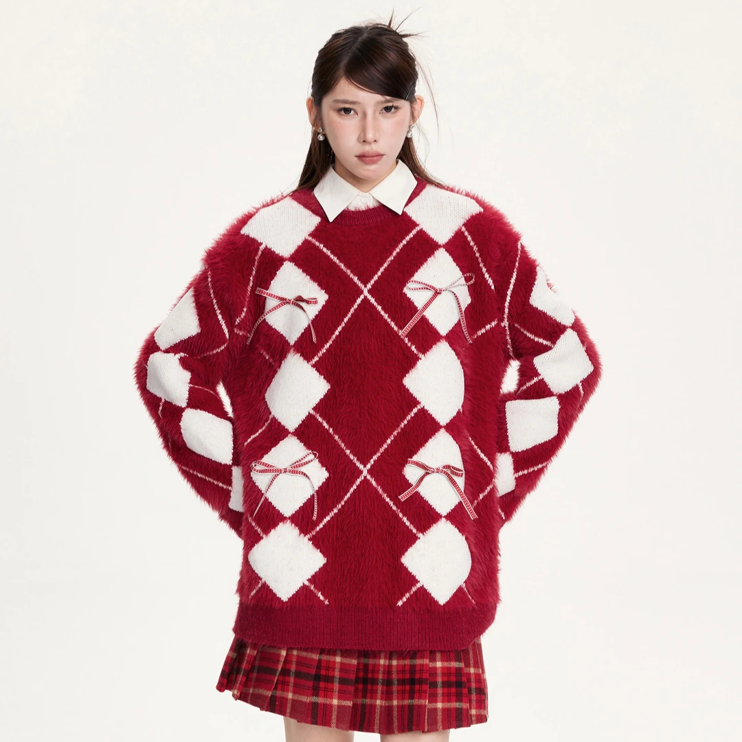 【清清】NCXK春节新年复古菱形格红色毛衣蝴蝶结过年氛围感MY176