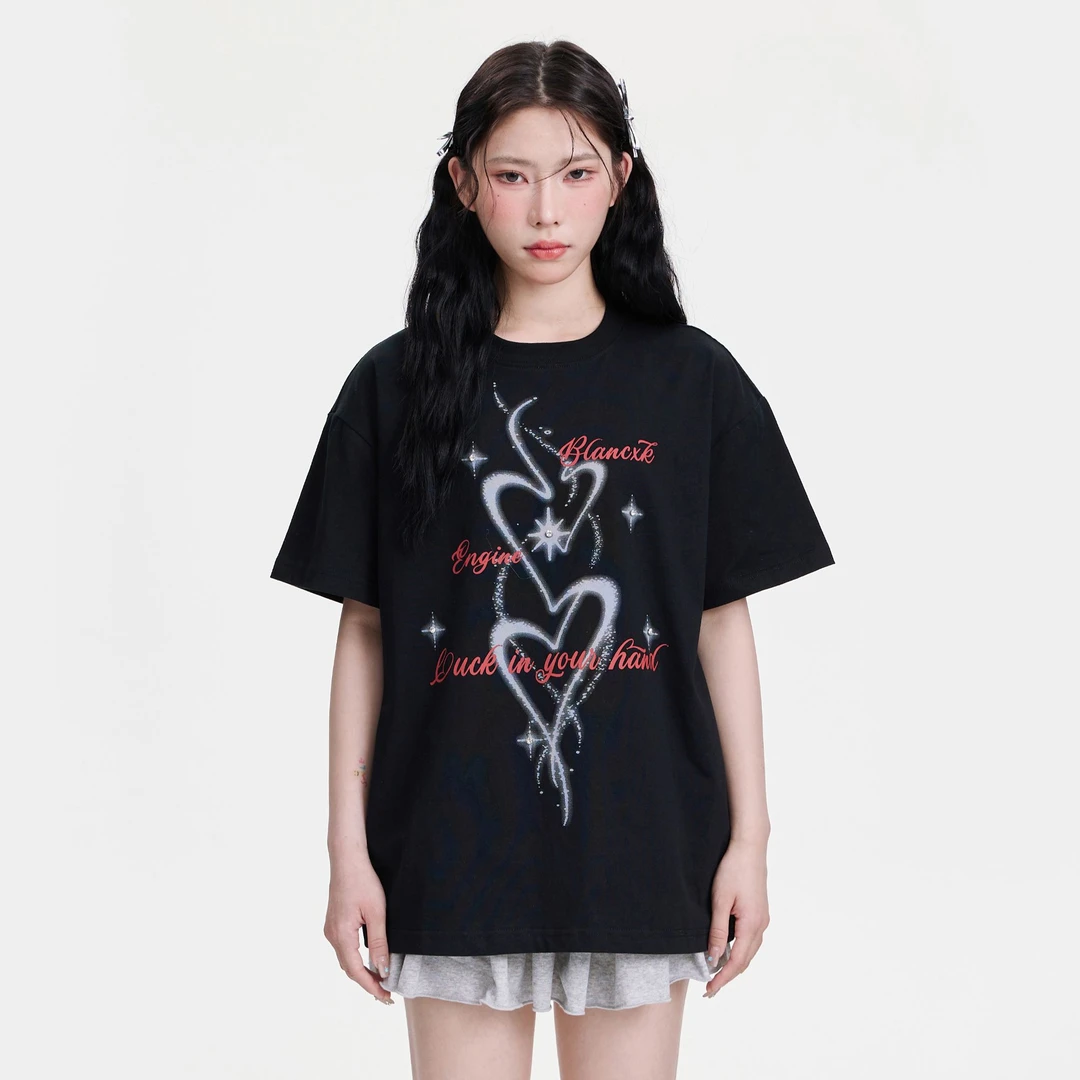 【清清】NCXK渲染爱心印花钉钻短袖T恤女设计感夏季休闲半袖DX100