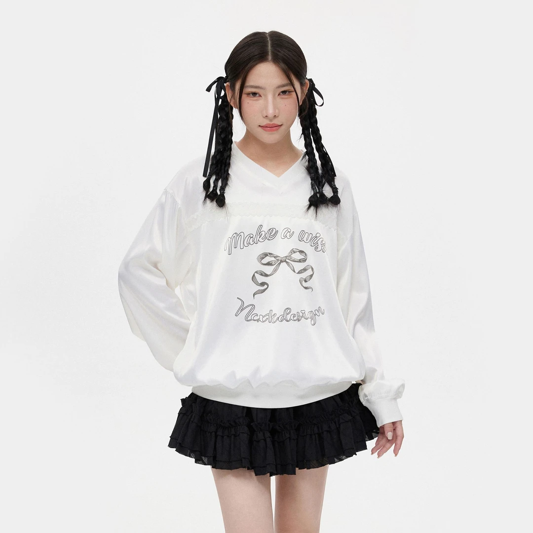 【清清】NCXK丝带蝴蝶结印花缎面球服长袖卫衣秋季运动少女V领CX230