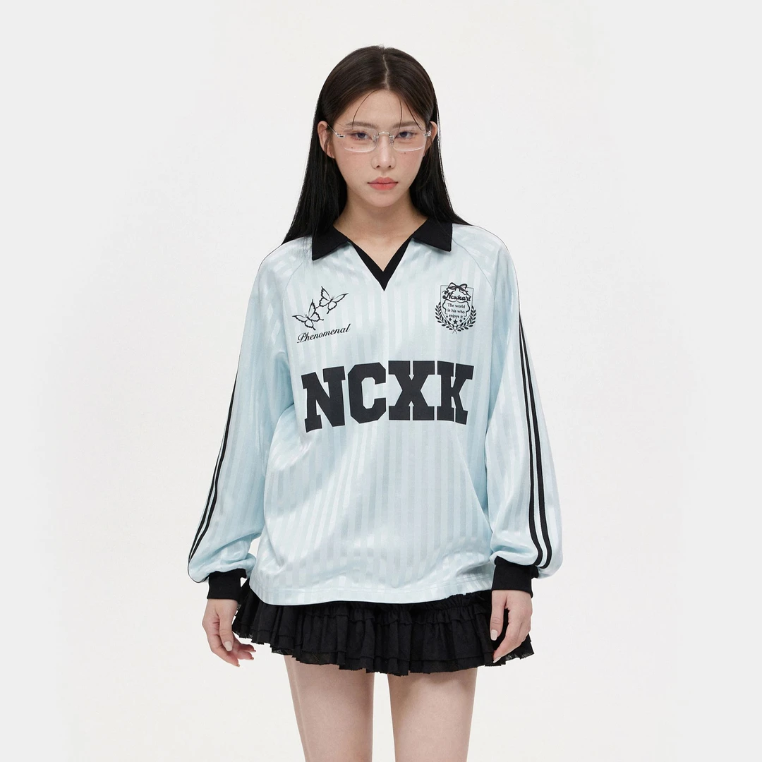 【NCXK】美式运动印花球衣女T恤POLO领显瘦缎面条纹甜酷秋季CX244