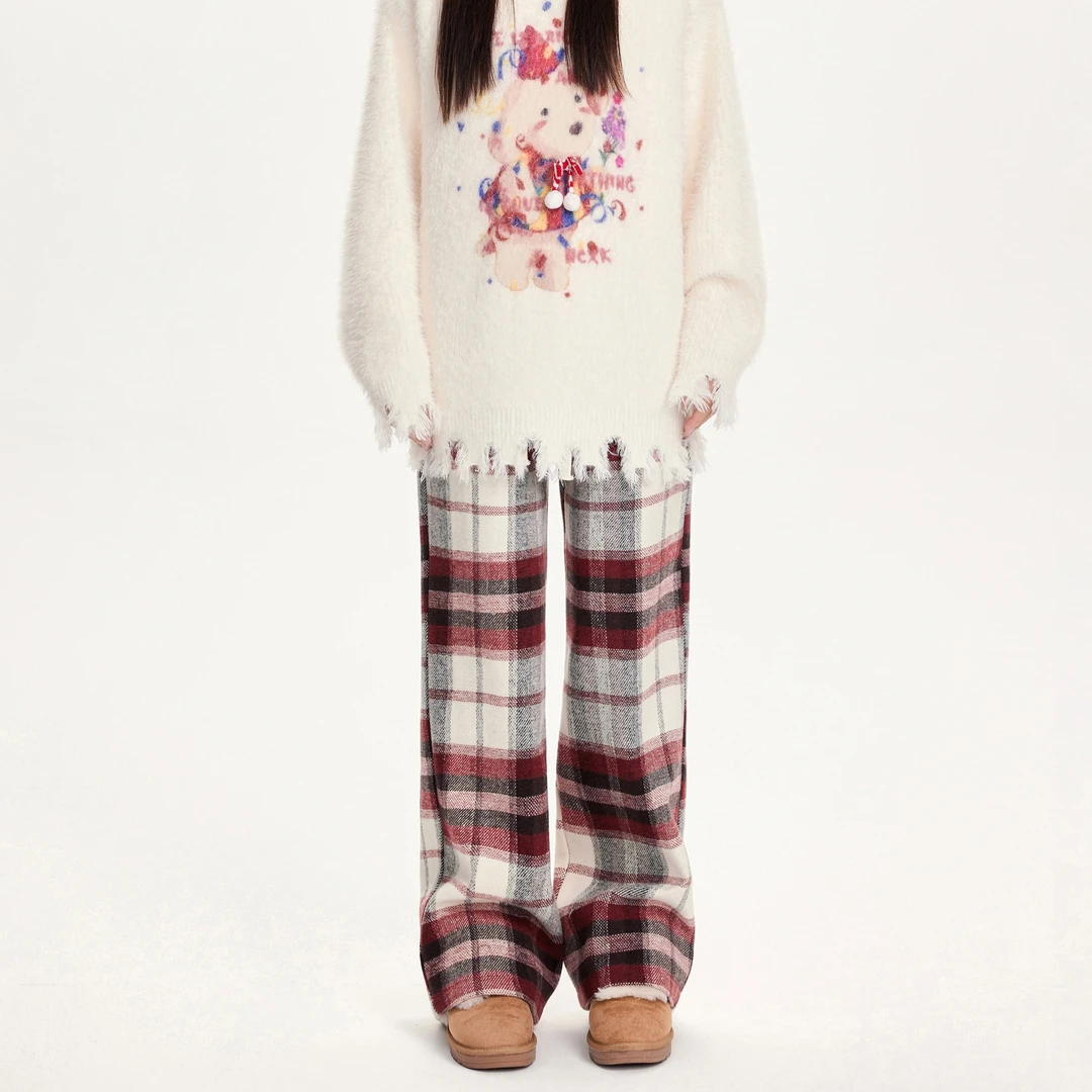 【清清】NCXK冬季保暖厚实新年格纹直筒休闲裤慵懒百搭格子长裤K173