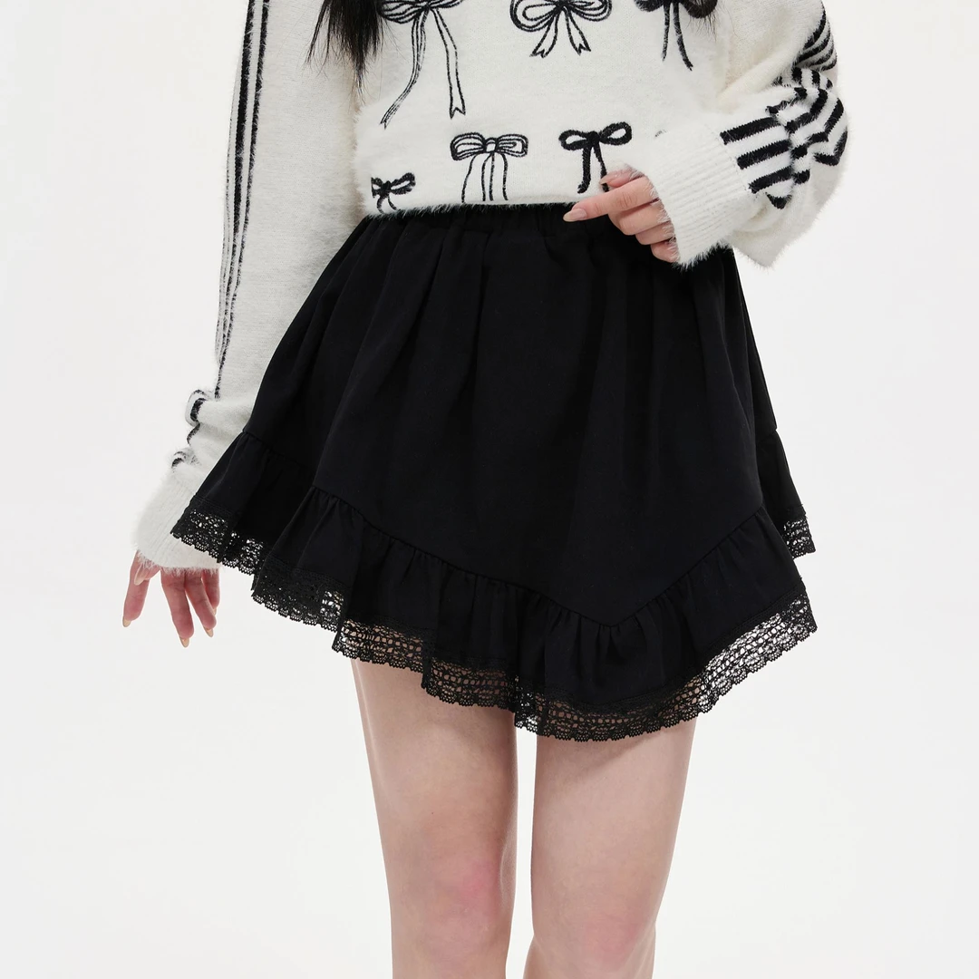 【清清】NCXK斜边蕾丝花边不对称短裙半身裙设计防走光裤裙QZ214